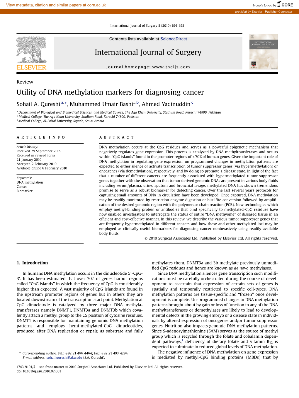 Utility of DNA Methylation Markers for Diagnosing Cancer