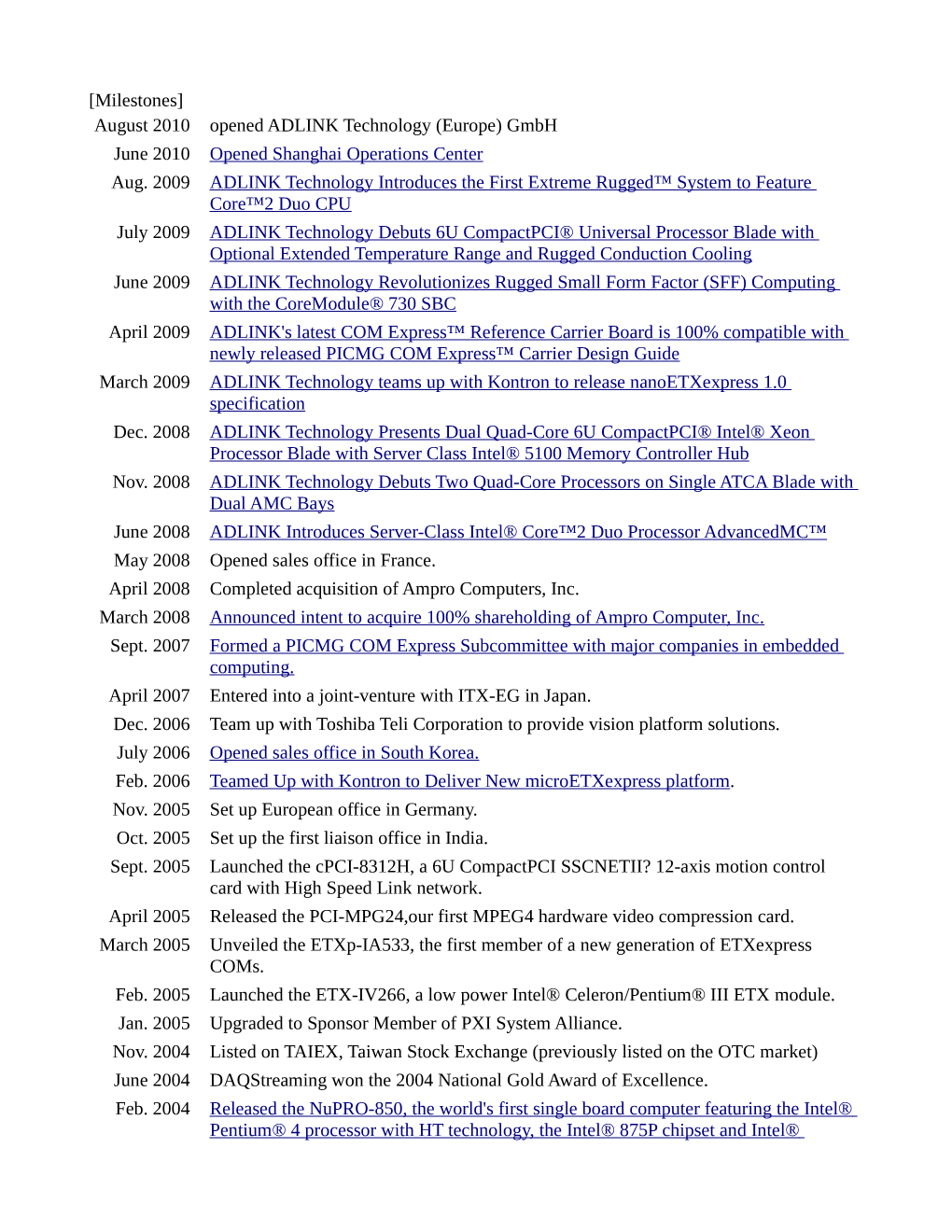 [Milestones] August 2010 Opened ADLINK Technology (Europe) Gmbh June 2010 Opened Shanghai Operations Center Aug