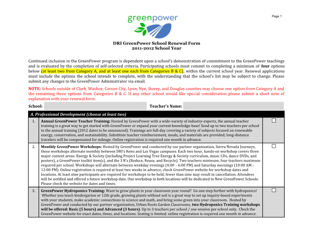 DRI Greenpower School Renewal Form 2011-2012 School Year