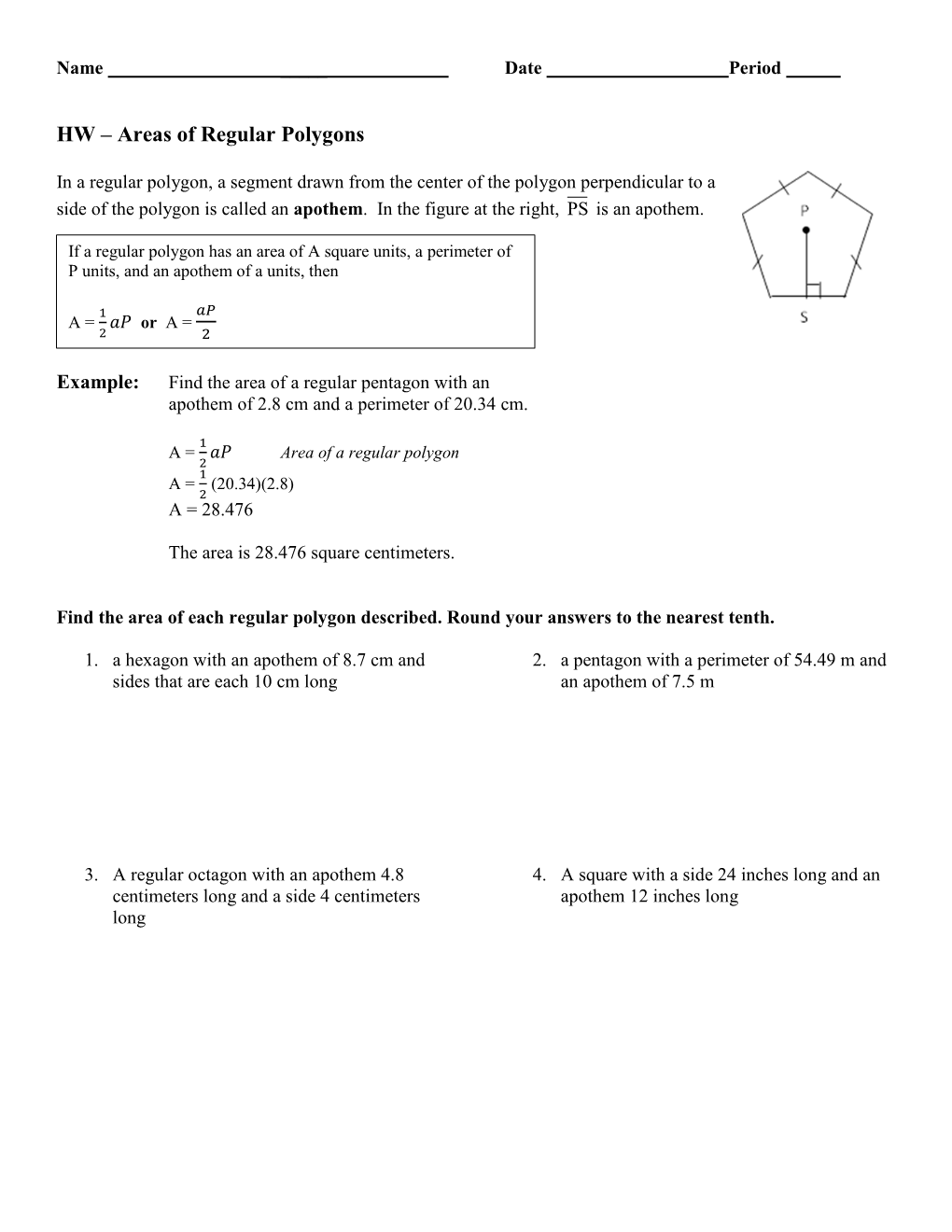 HW – Areas of Regular Polygons