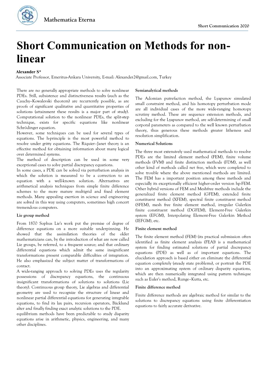 Short Communication on Methods for Nonlinear