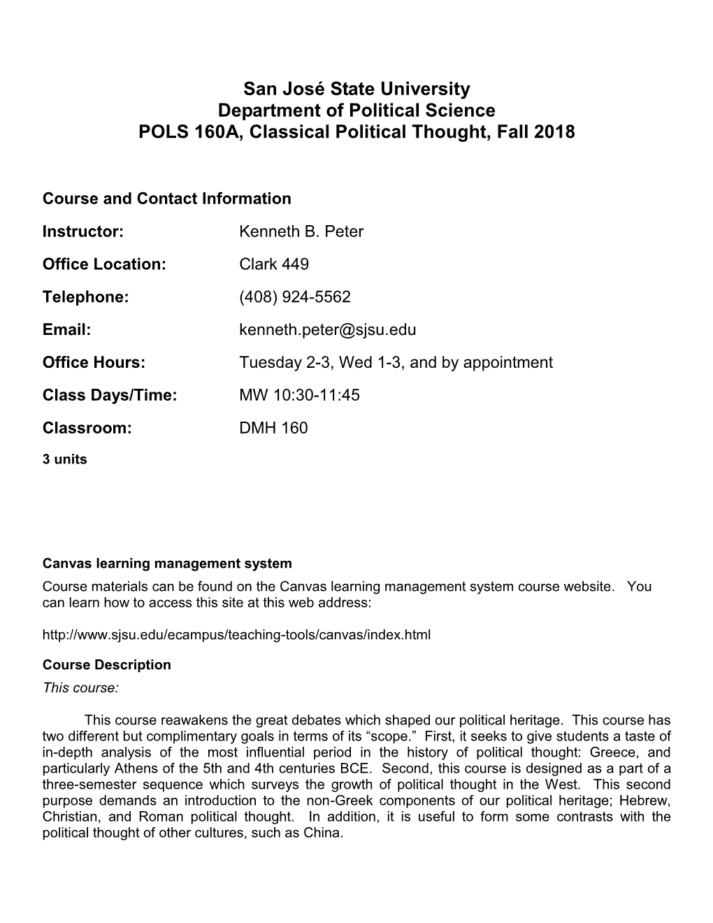 Classical Political Thought, Fall 2018