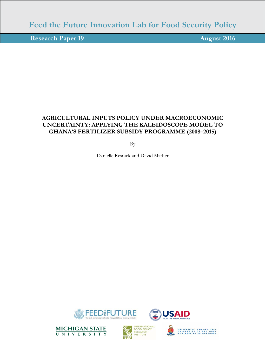 Feed the Future Innovation Lab for Food Security Policy Research Paper 19 August 2016