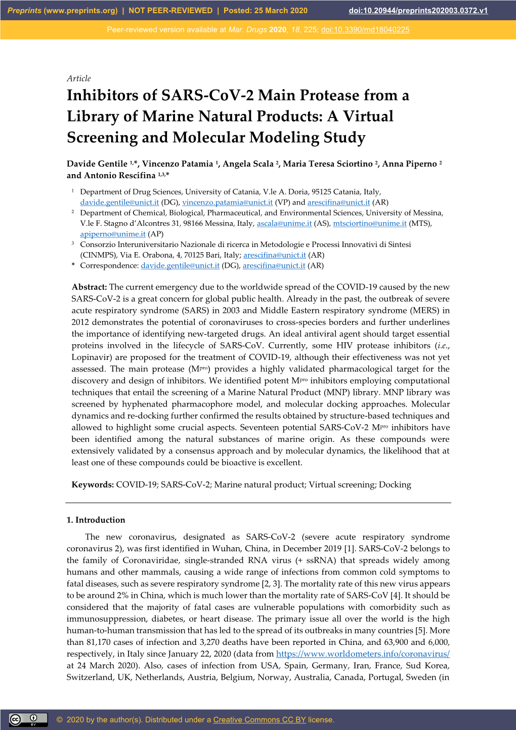 Inhibitors of SARS-Cov-2 Main Protease from a Library of Marine Natural Products: a Virtual Screening and Molecular Modeling Study