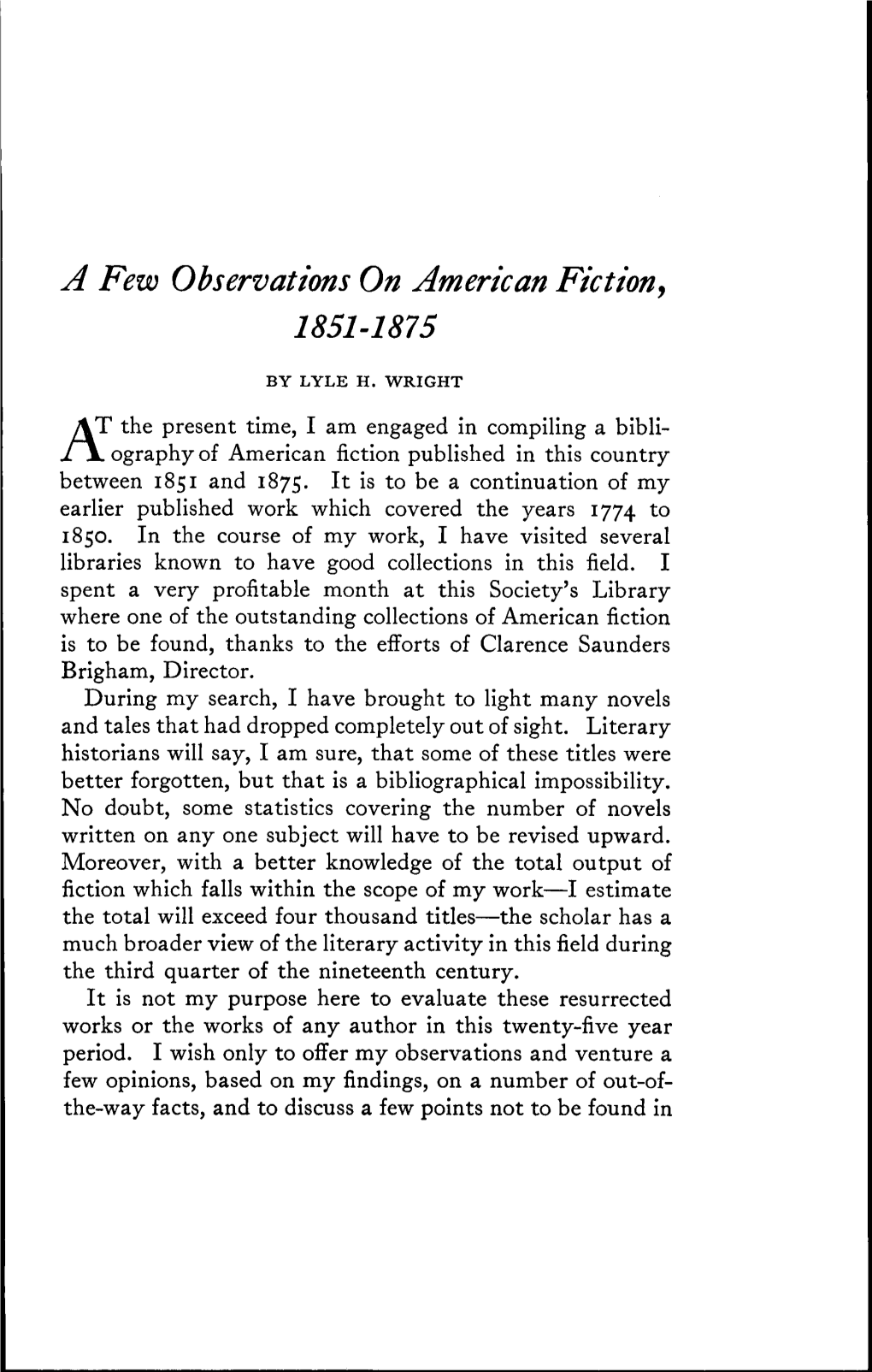 A Few Observations on American Fiction, 1851-1875