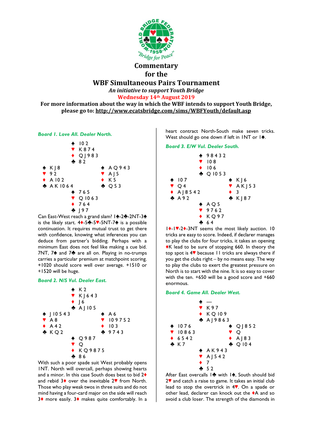 Commentary for the WBF Simultaneous Pairs Tournament