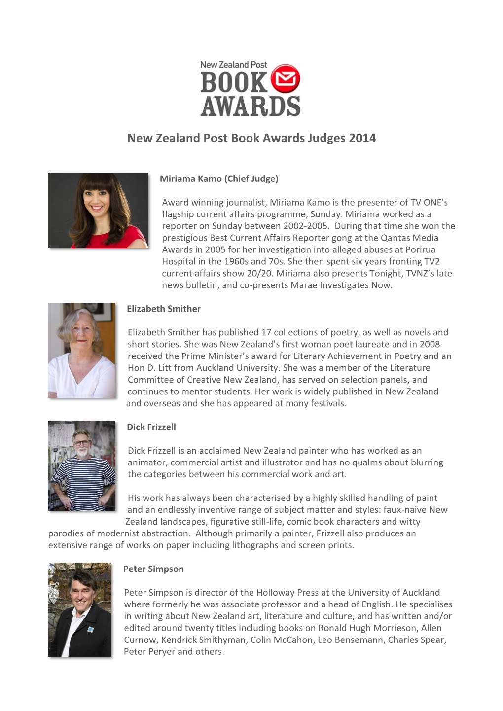 New Zealand Post Book Awards Judges 2014