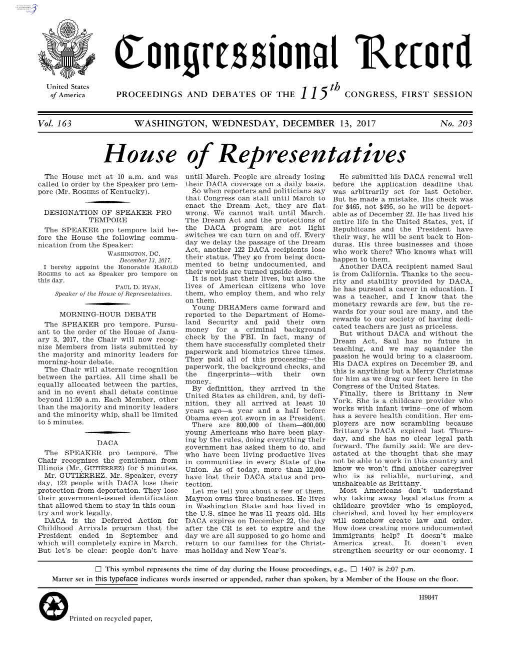 Congressional Record United States Th of America PROCEEDINGS and DEBATES of the 115 CONGRESS, FIRST SESSION