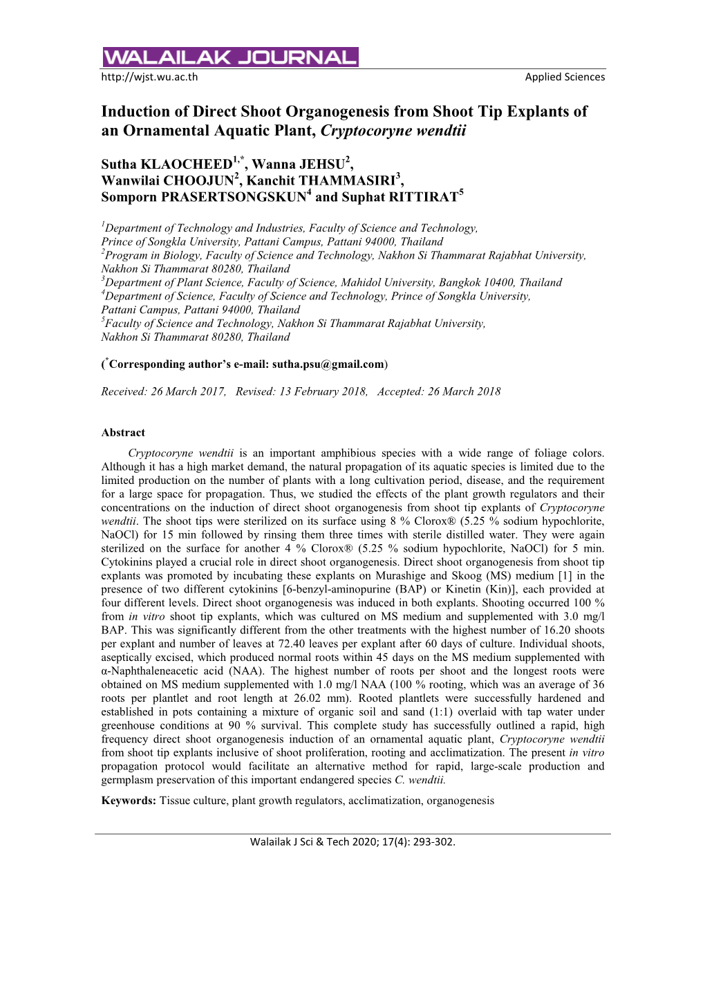 Induction of Direct Shoot Organogenesis from Shoot Tip Explants of an Ornamental Aquatic Plant, Cryptocoryne Wendtii