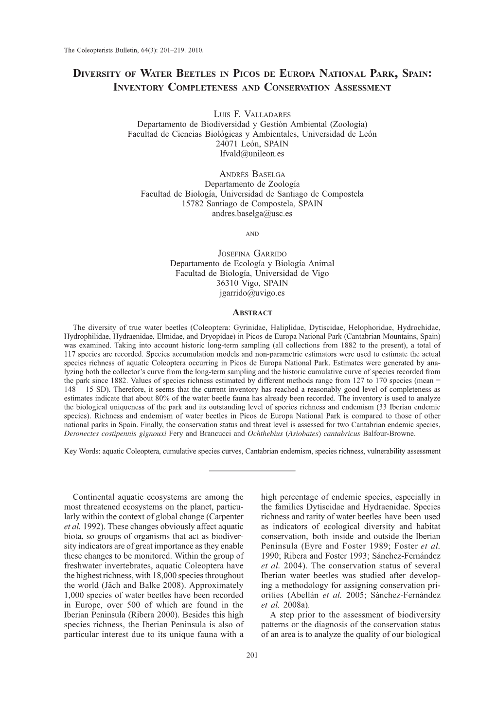 Departamento De Biodiversidad Y Gestión Ambiental (Zoología) Facultad De Ciencias Biológicas Y Ambientales, Universidad De León 24071 León, SPAIN Lfvald@Unileon.Es