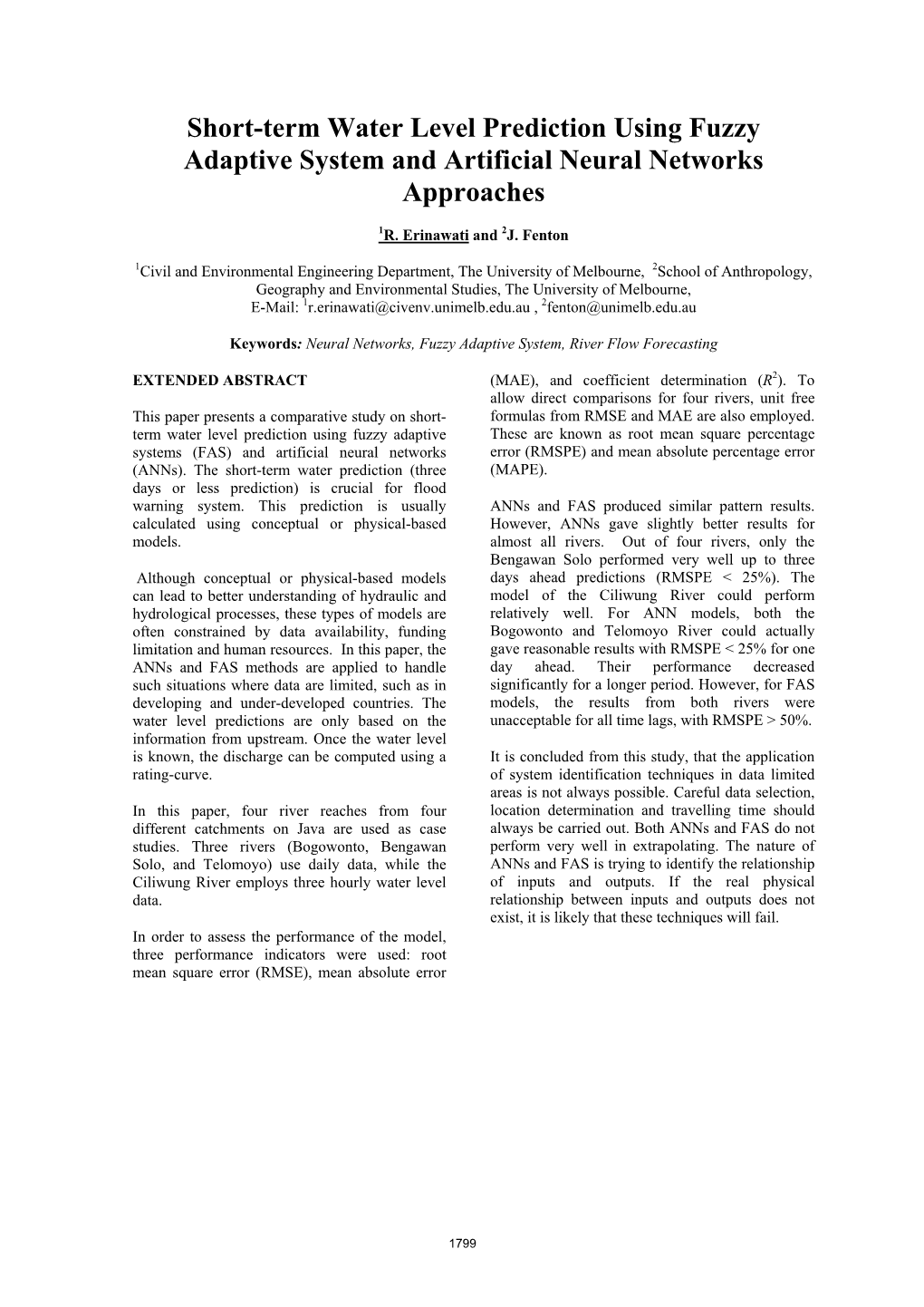 Short-Term Water Level Prediction Using Fuzzy Adaptive System and Artificial Neural Networks Approaches