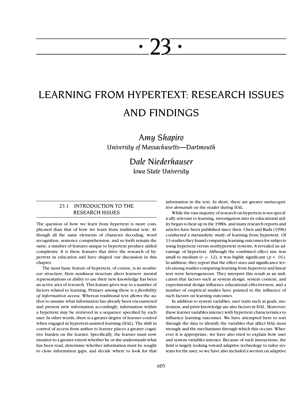 Learning from Hypertext: Research Issues and Findings