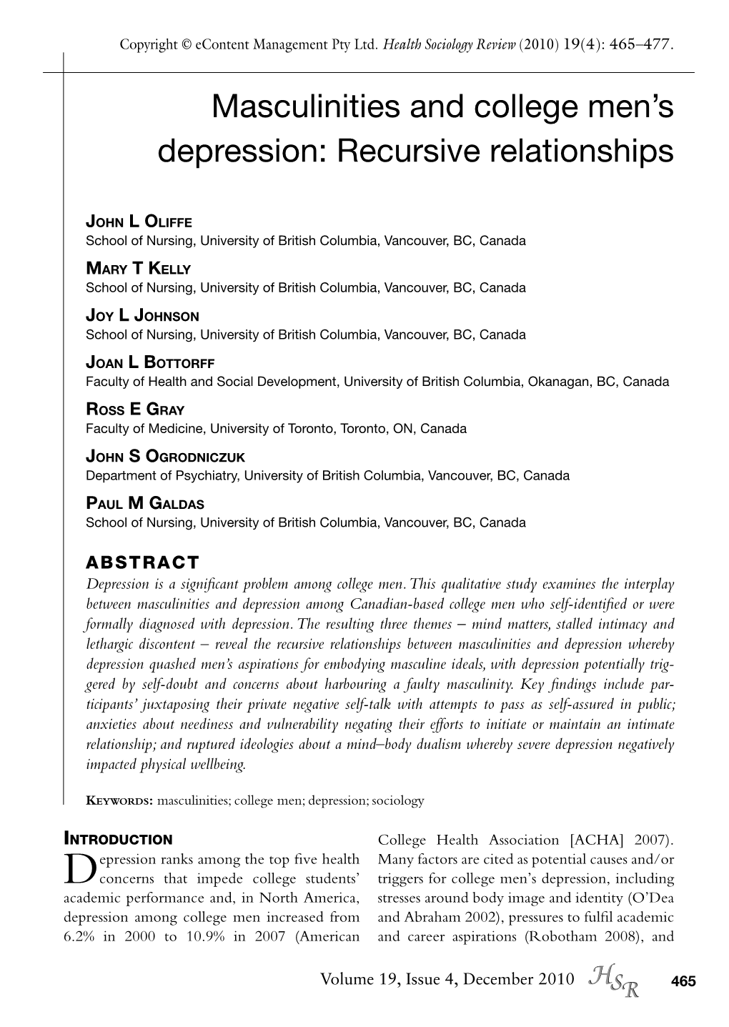 Masculinities and College Men's Depression: Recursive Relationships