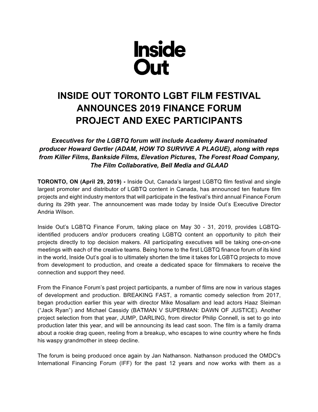 Inside out Toronto Lgbt Film Festival Announces 2019 Finance Forum Project and Exec Participants