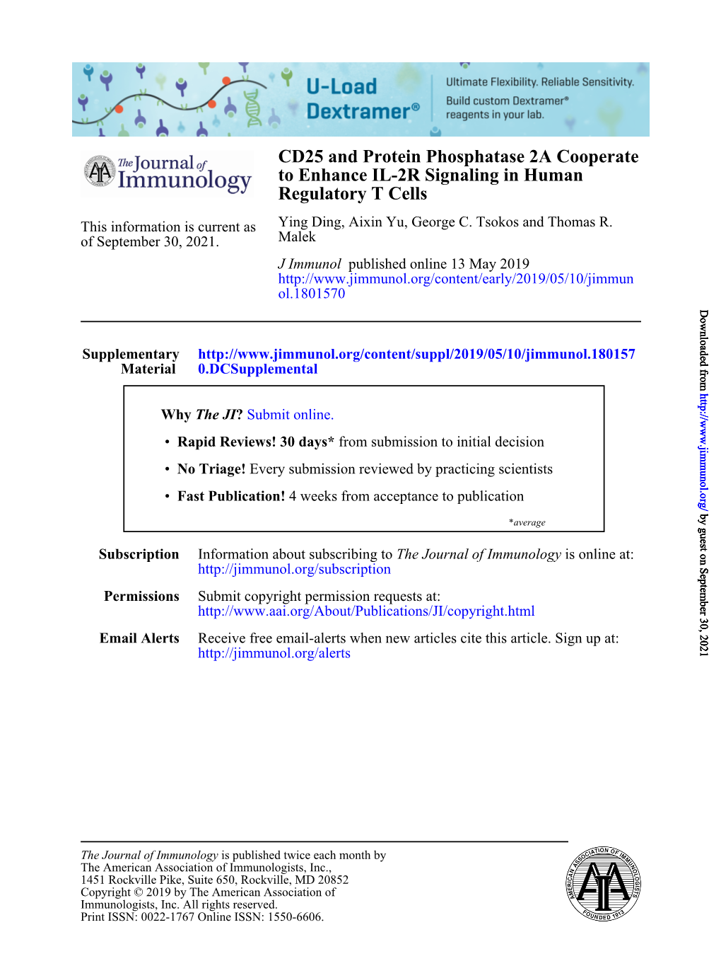 CD25 and Protein Phosphatase 2A Cooperate to Enhance IL-2R Signaling in Human Regulatory T Cells