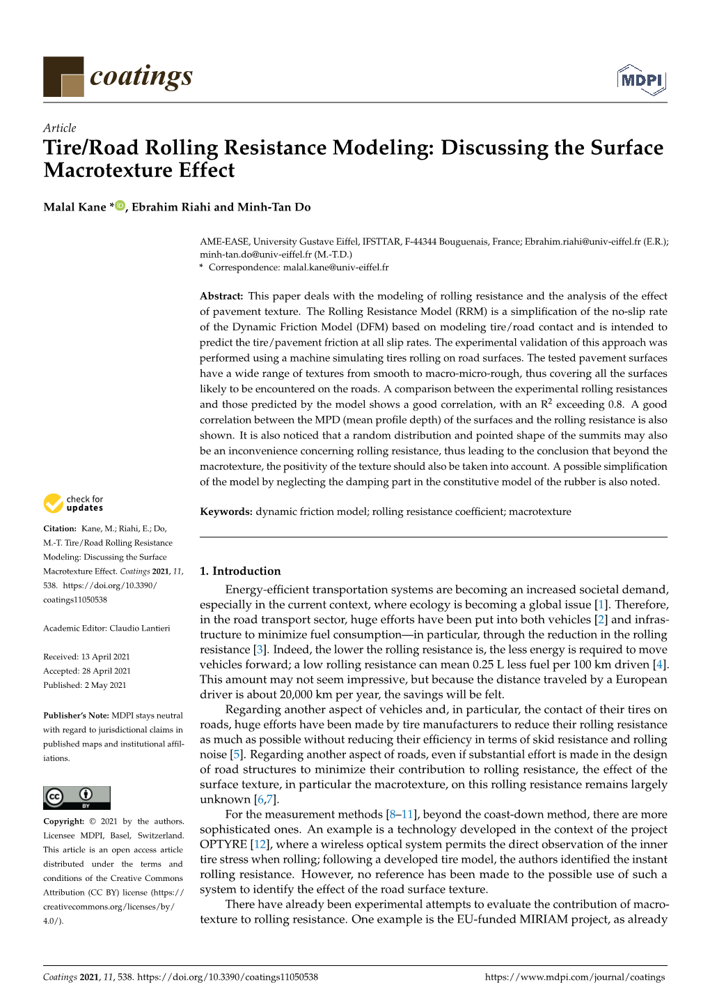 Tire/Road Rolling Resistance Modeling: Discussing the Surface Macrotexture Effect