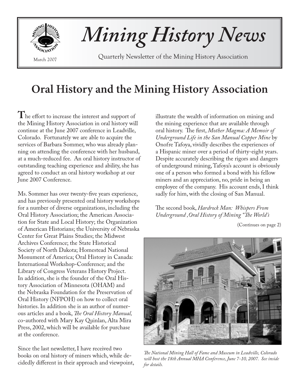 March 2007 Quarterly Newsletter of the Mining History Association