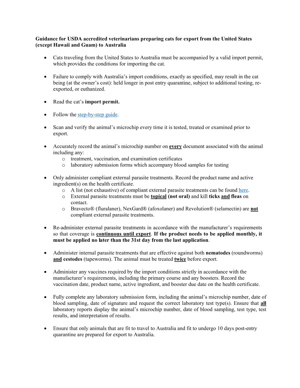 Guidance for USDA Accredited Veterinarians Preparing Cats for Export from the United States (Except Hawaii and Guam) to Australia