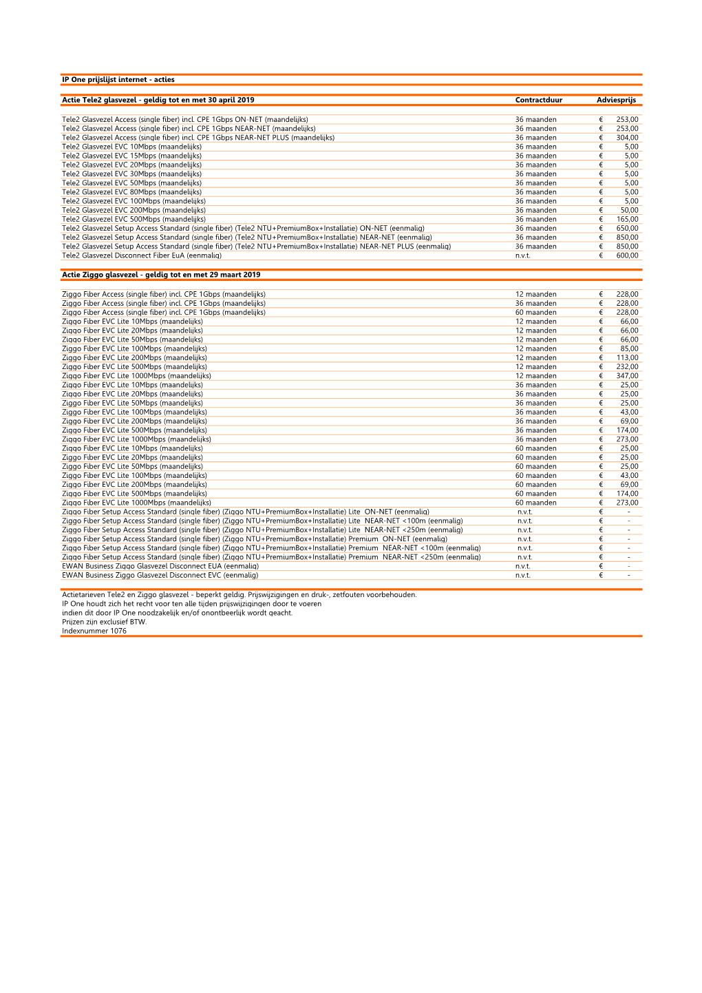 IP One Prijslijst Internet - Acties