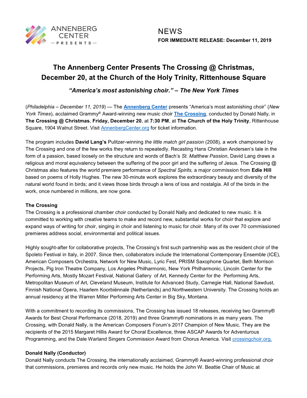 The Annenberg Center Presents the Crossing @ Christmas, December 20, at the Church of the Holy Trinity, Rittenhouse Square