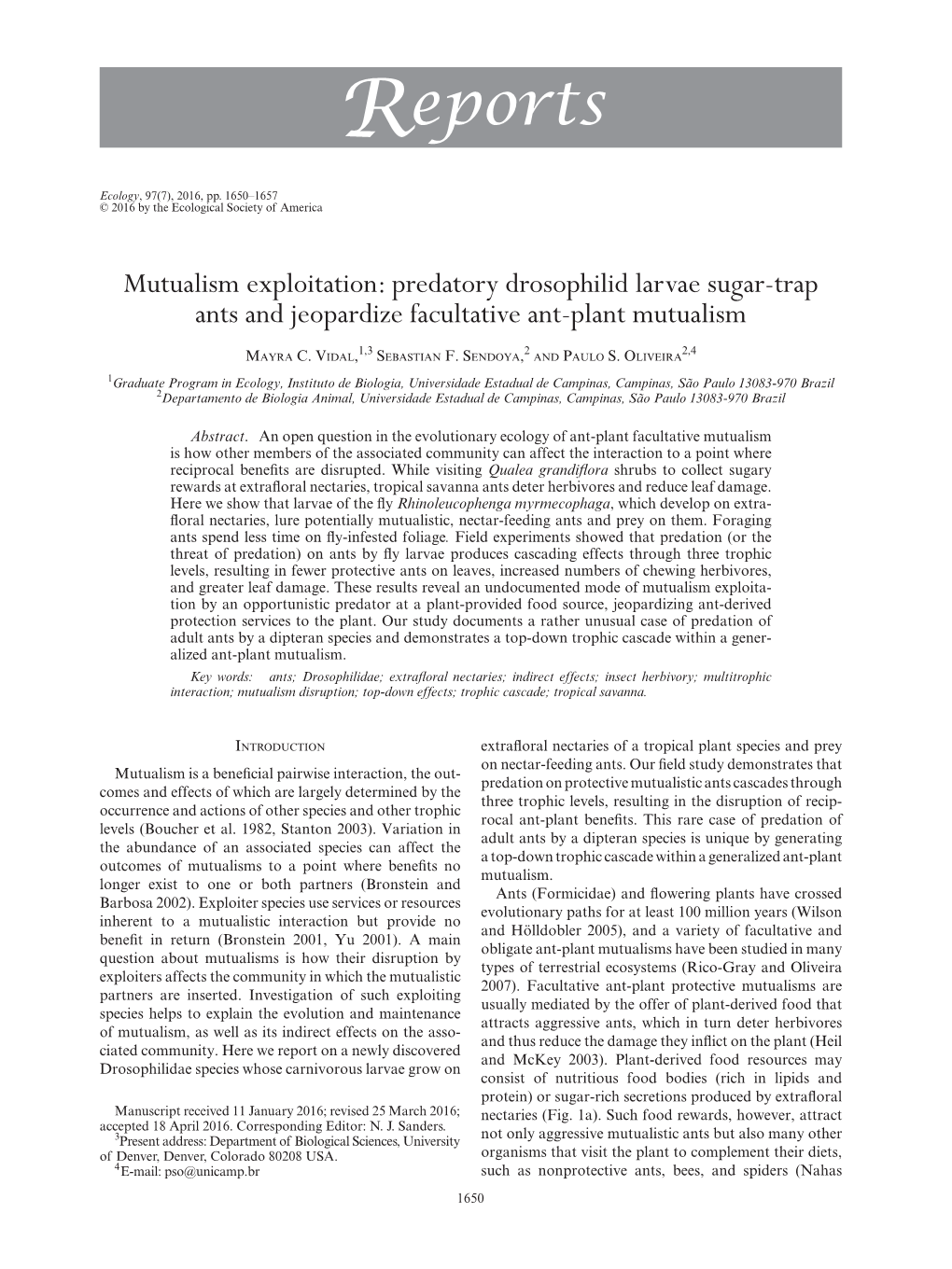 Mutualism Exploitation: Predatory Drosophilid Larvae Sugar-­Trap Ants and Jeopardize Facultative Ant-­Plant Mutualism