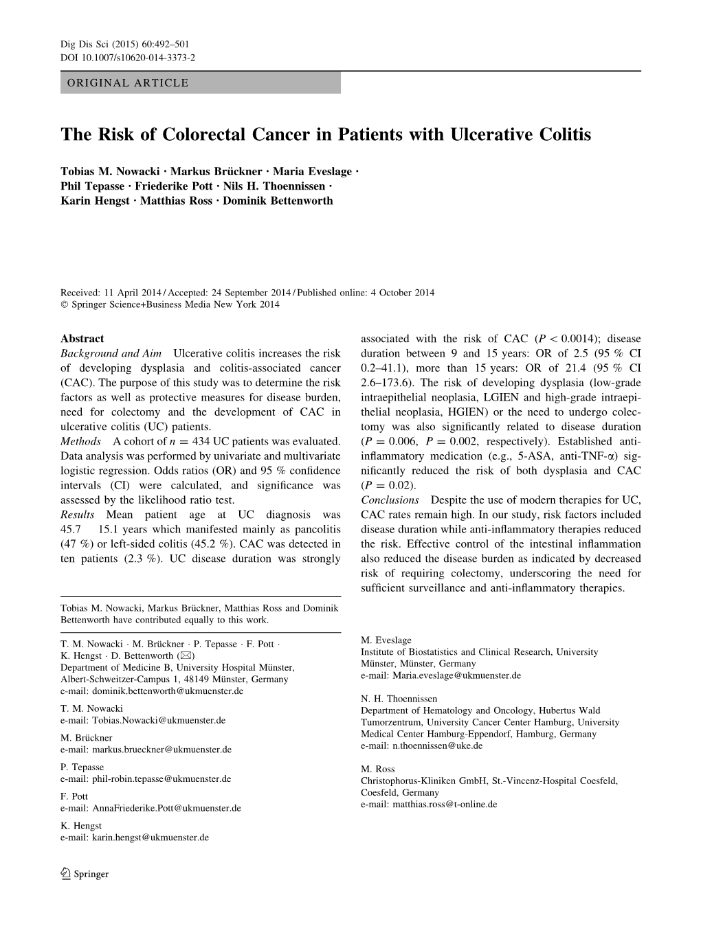 The Risk of Colorectal Cancer in Patients with Ulcerative Colitis