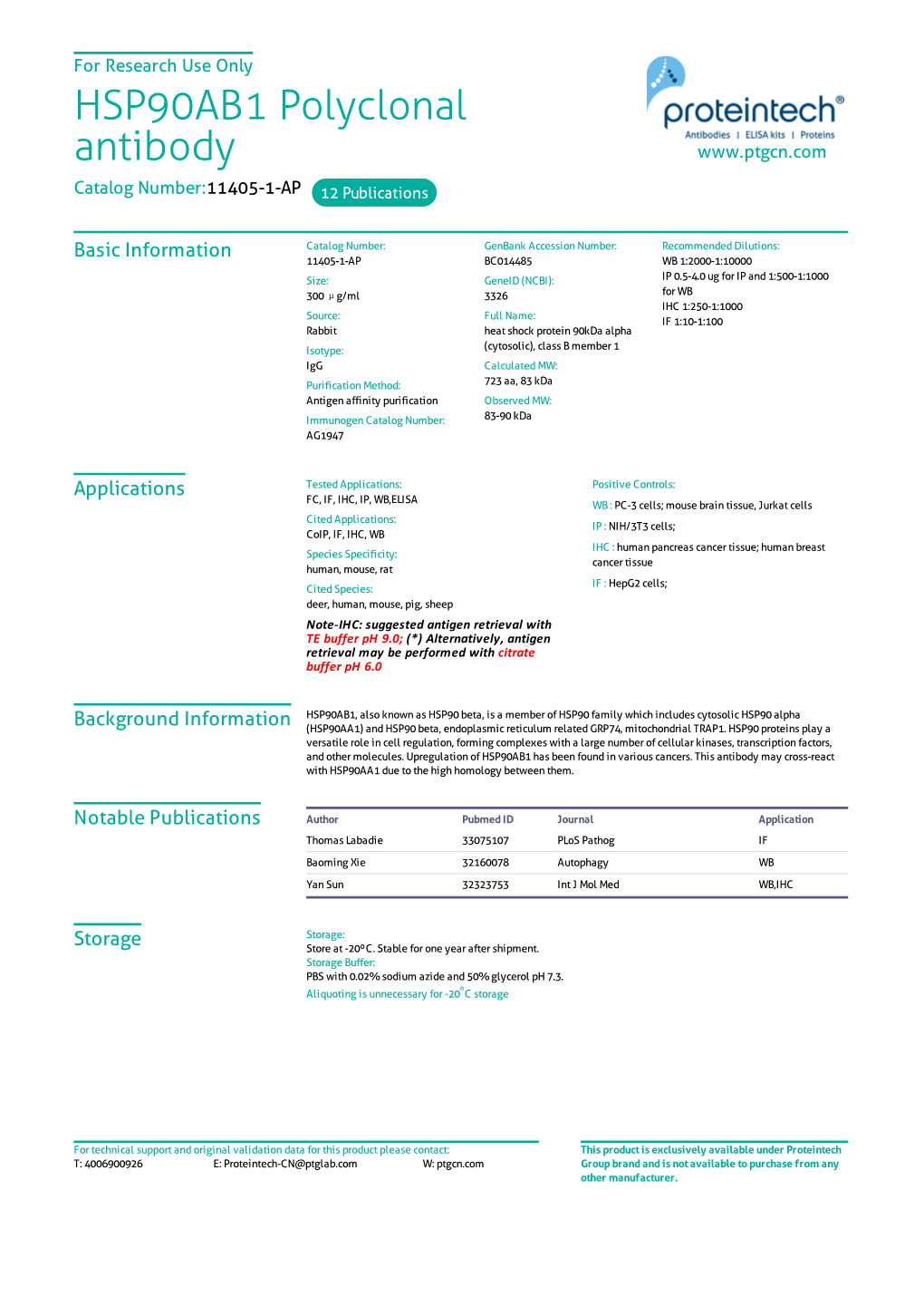 HSP90AB1 Polyclonal Antibody Catalog Number:11405-1-AP 12 Publications