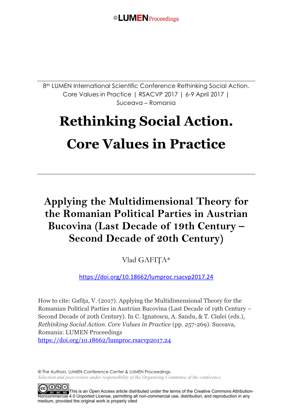 Applying the Multidimensional Theory for the Romanian Political Parties in Austrian Bucovina (Last Decade of 19Th Century – Second Decade of 20Th Century)