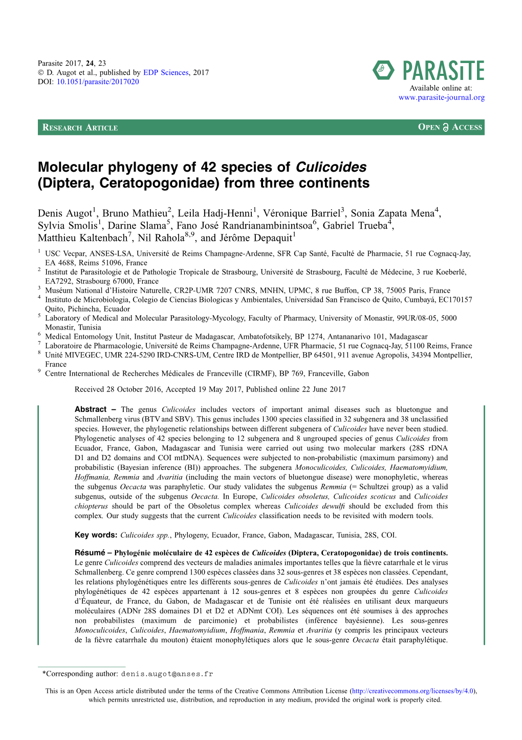 Molecular Phylogeny of 42 Species of Culicoides (Diptera, Ceratopogonidae) from Three Continents