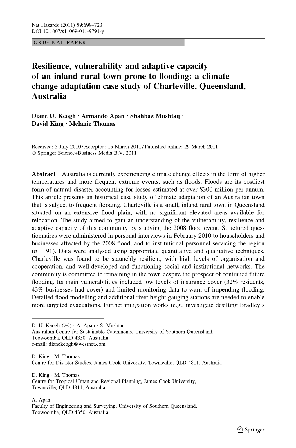 Resilience, Vulnerability and Adaptive Capacity of an Inland Rural Town Prone to ﬂooding: a Climate Change Adaptation Case Study of Charleville, Queensland, Australia