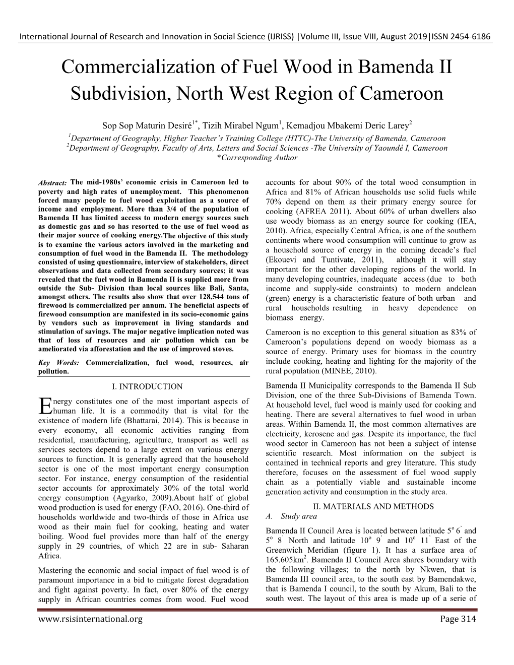 Commercialization of Fuel Wood in Bamenda II Subdivision, North West Region of Cameroon