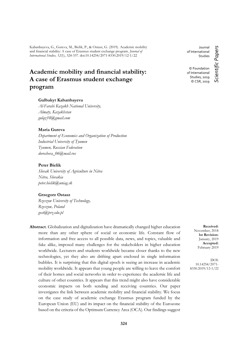 Academic Mobility and Financial Stability: of International Studies, 2019