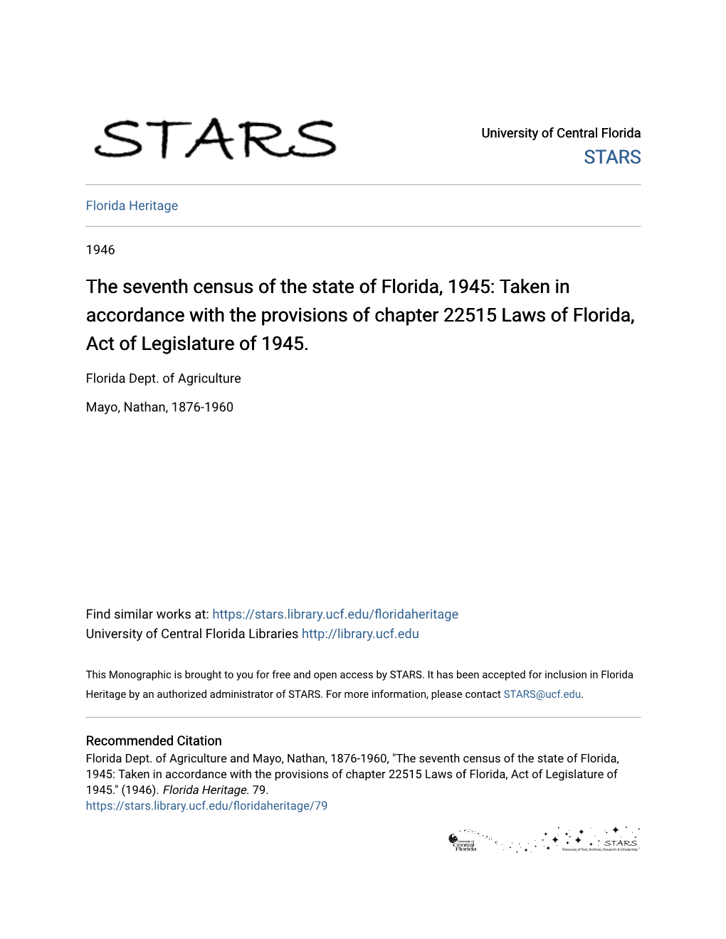 The Seventh Census of the State of Florida, 1945: Taken in Accordance with the Provisions of Chapter 22515 Laws of Florida, Act of Legislature of 1945