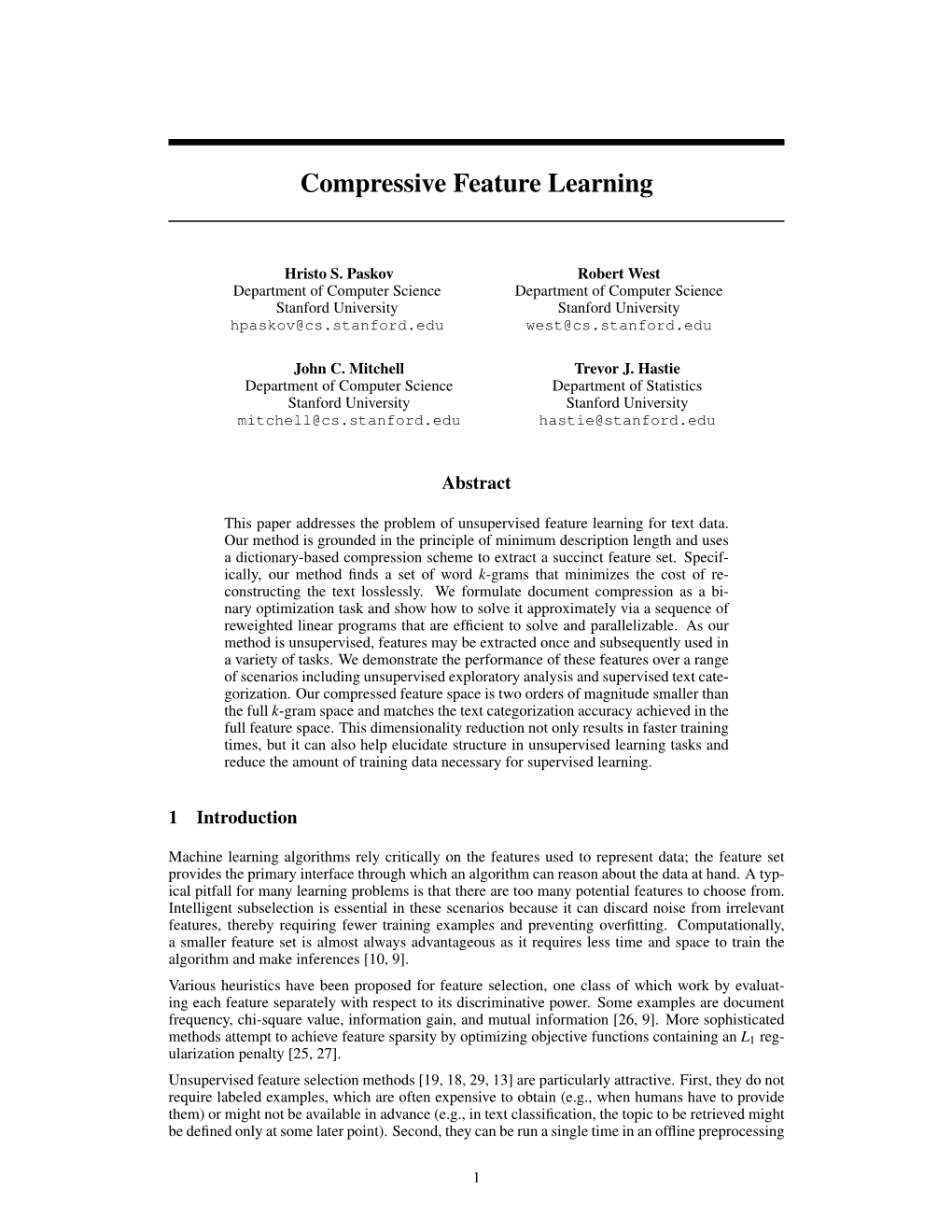 Compressive Feature Learning