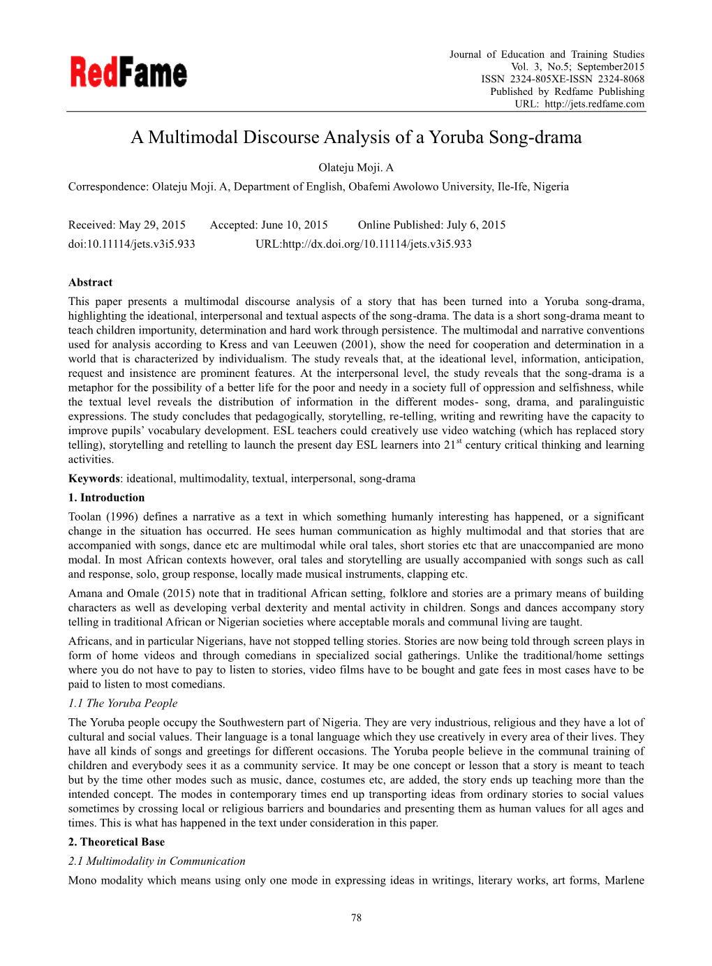 A Multimodal Discourse Analysis of a Yoruba Song-Drama