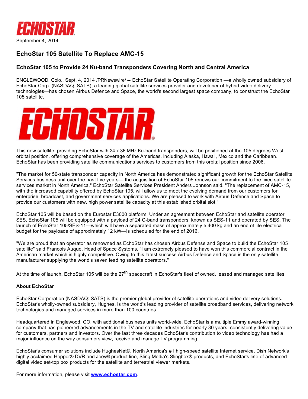 Echostar 105 Satellite to Replace AMC-15