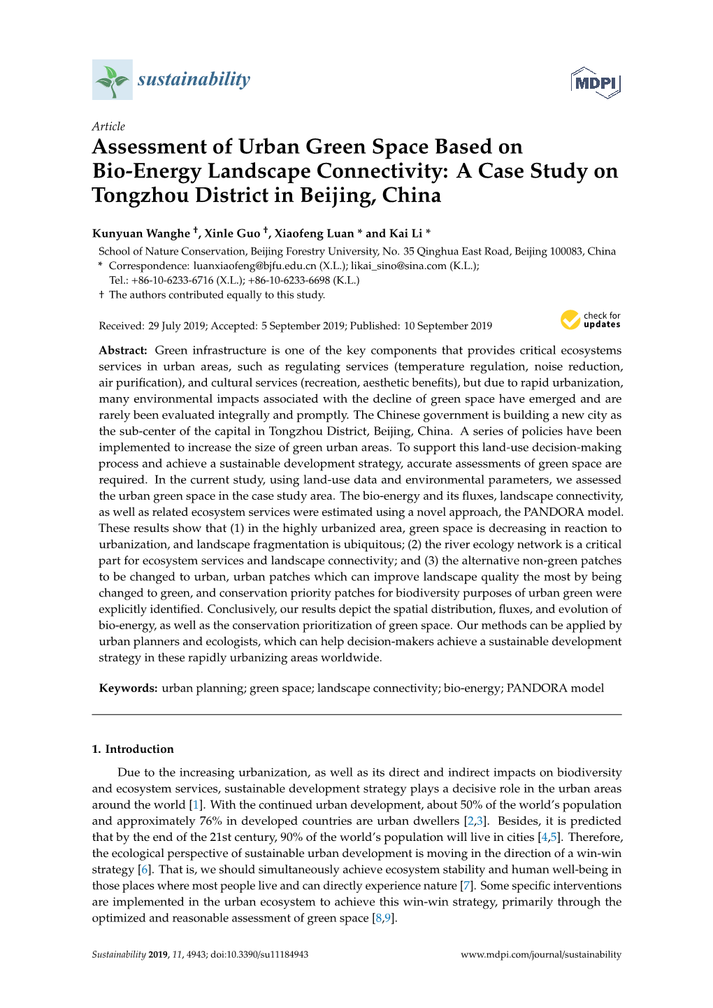 Assessment of Urban Green Space Based on Bio-Energy Landscape Connectivity: a Case Study on Tongzhou District in Beijing, China