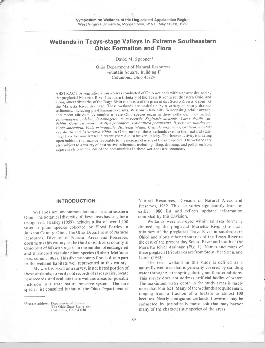 Wetlands in Teays-Stage Valleys in Extreme Southeastern Ohio: Formation and Flora