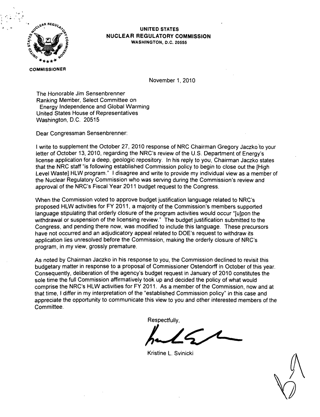 Letter from Commissioner Svinicki to Congressman Jim