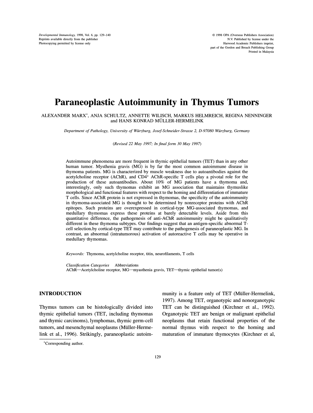 Paraneoplastic Autoimmunity in Thymus Tumors