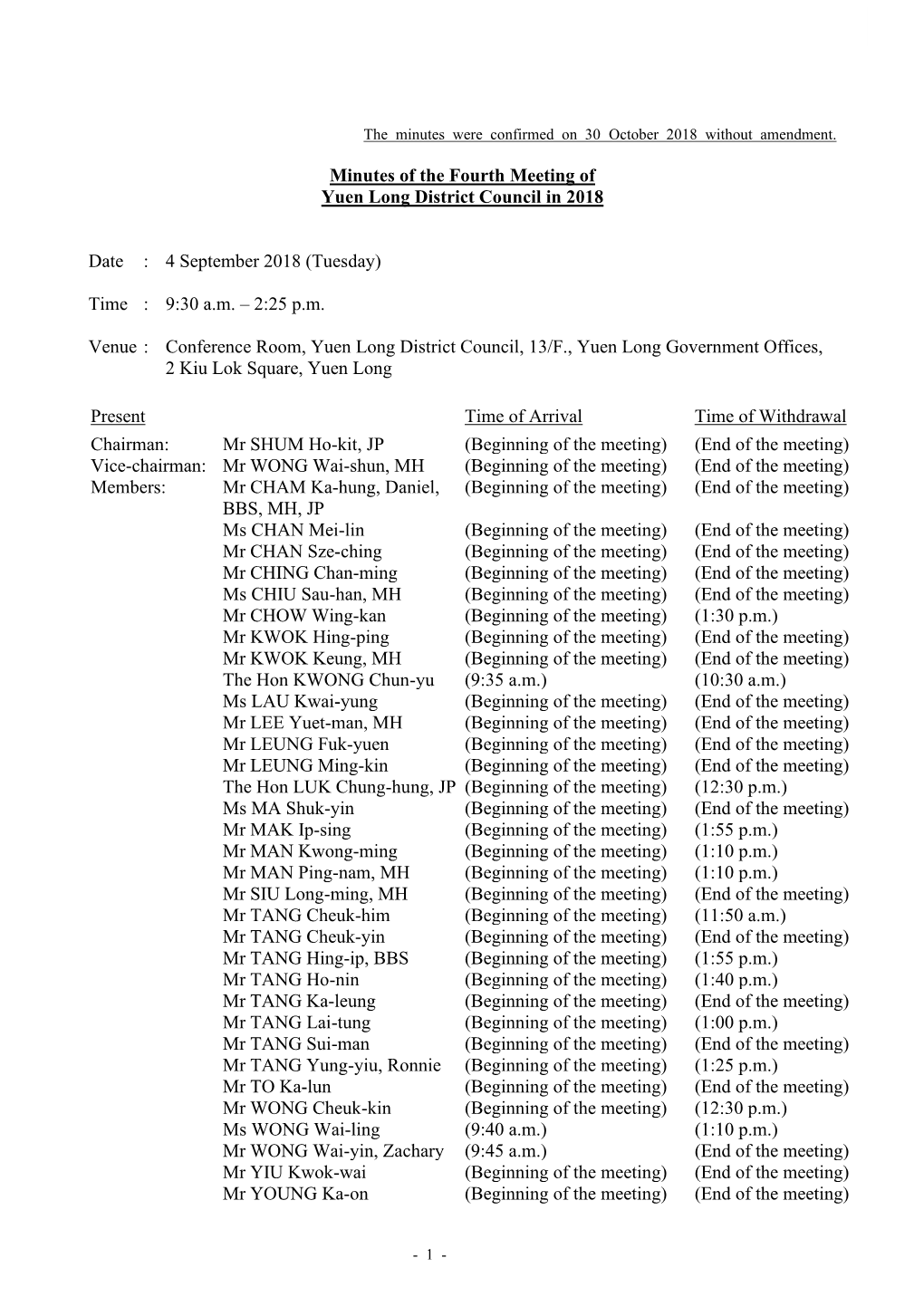 Minutes of the Fourth Meeting of Yuen Long District Council in 2018 Date