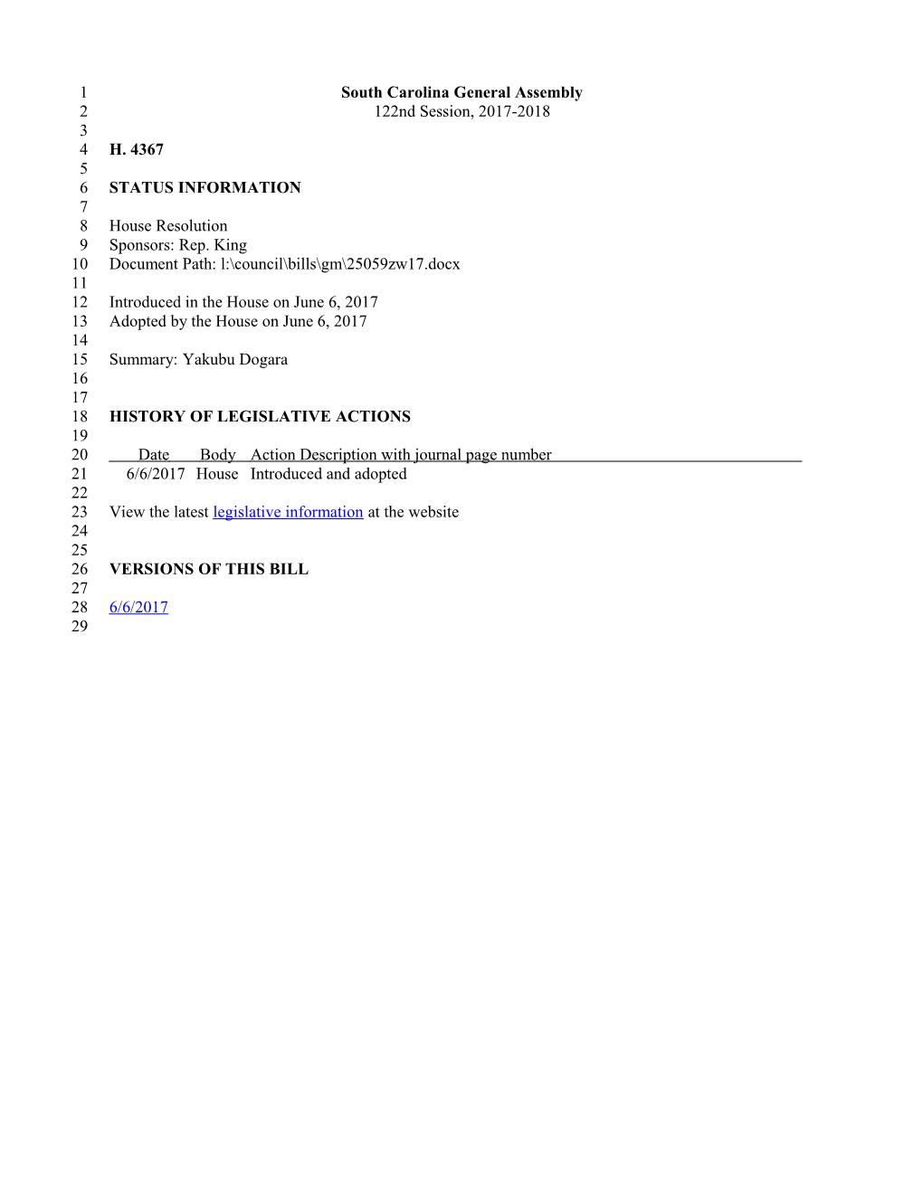 2017-2018 Bill 4367: Yakubu Dogara - South Carolina Legislature Online