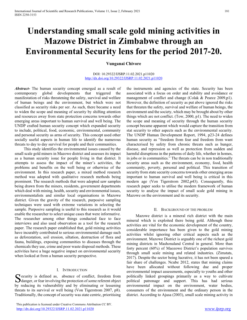 Understanding Small Scale Gold Mining Activities in Mazowe District in Zimbabwe Through an Environmental Security Lens for the Period 2017-20