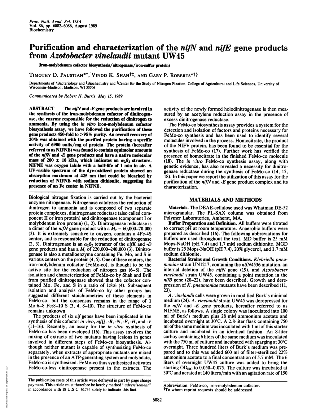 From Azotobacter Vinelandii Mutant UW45 (Iron-Molybdenum Cofactor Biosynthss/Nitrogenase/Iron-Sulfur Protein) TIMOTHY D