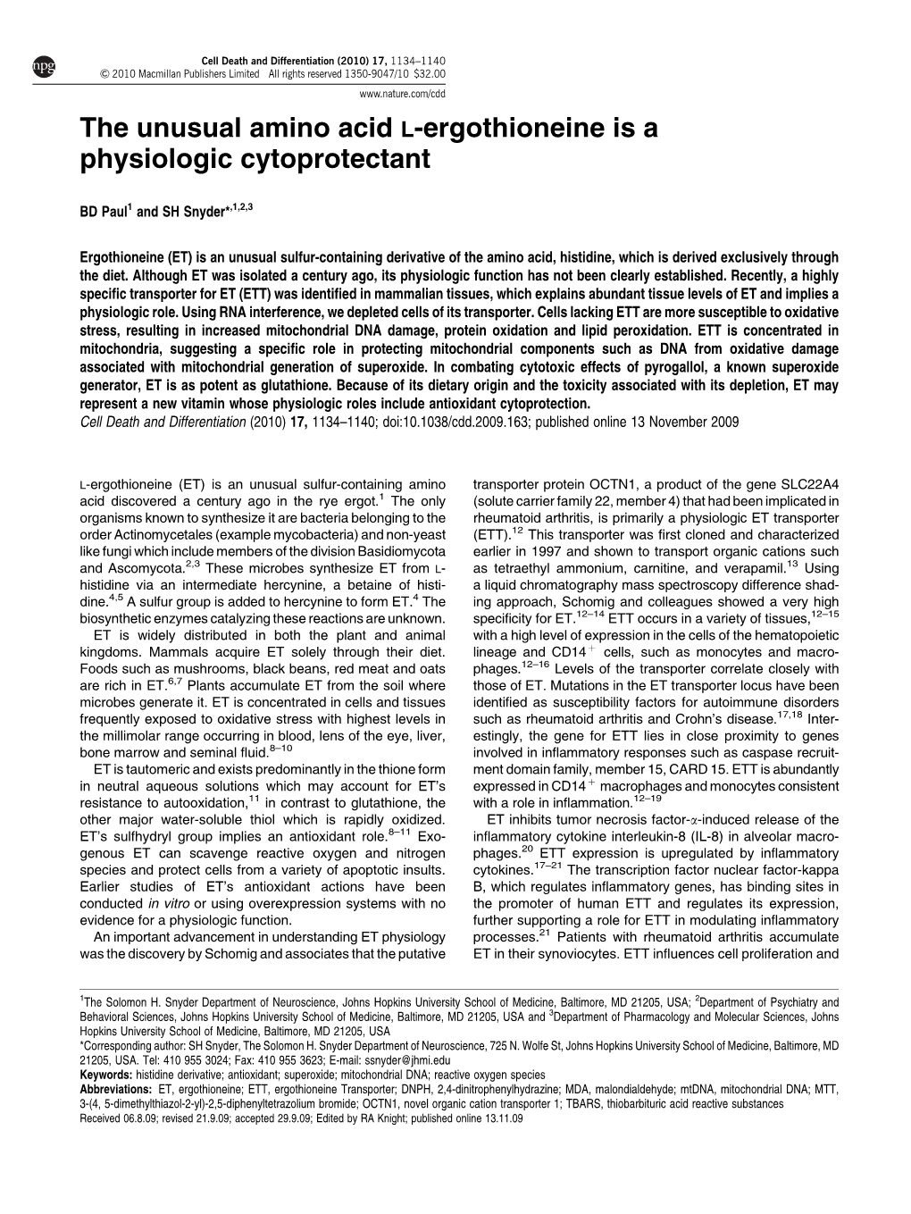 The Unusual Amino Acid L-Ergothioneine Is a Physiologic Cytoprotectant