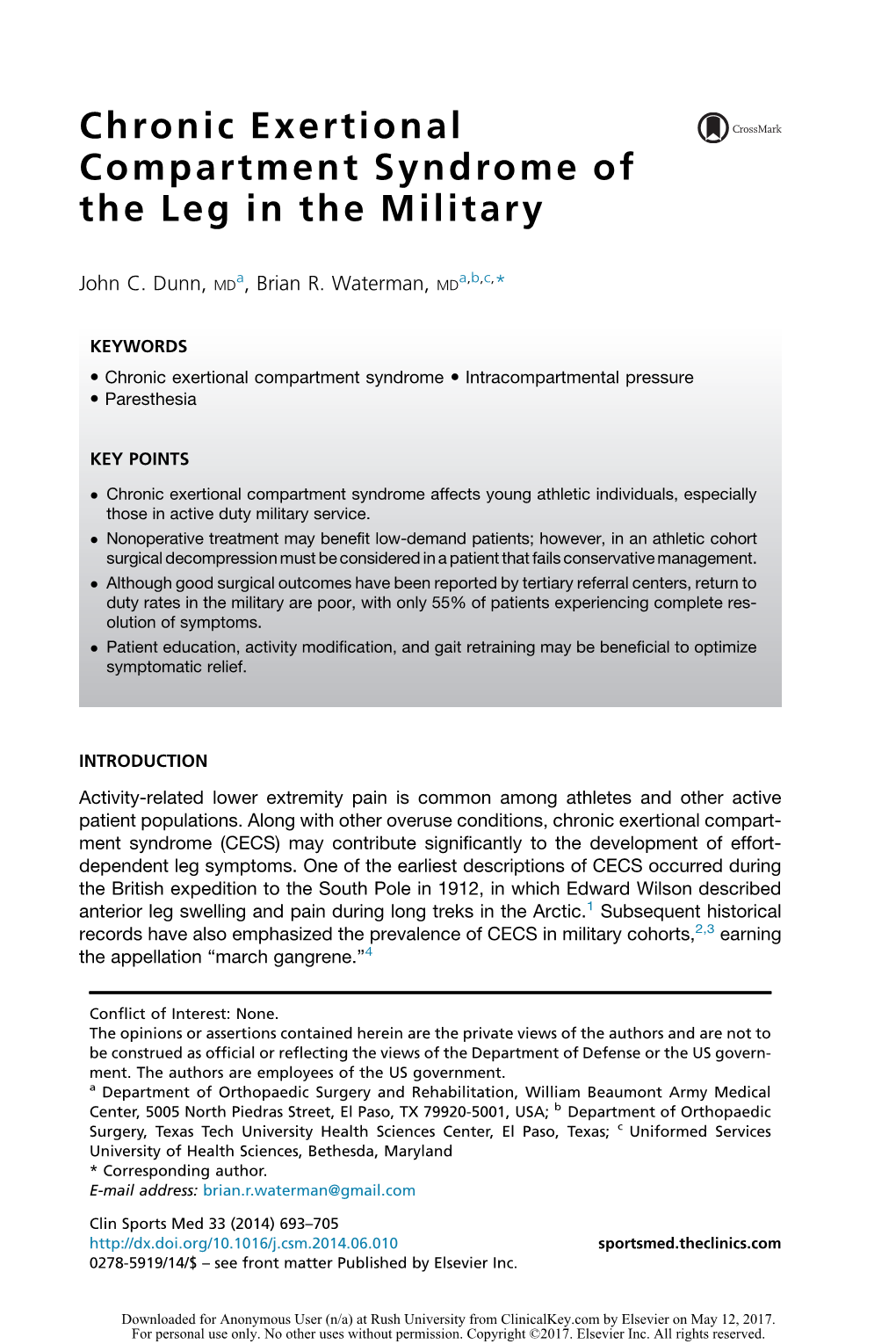 Chronic Exertional Compartment Syndrome of the Leg in the Military