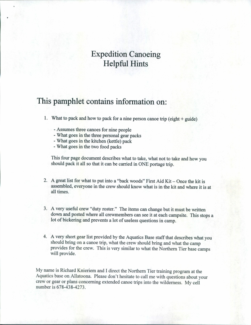 Expedition Canoeing Helpful Hints This Pamphlet Contains Information On
