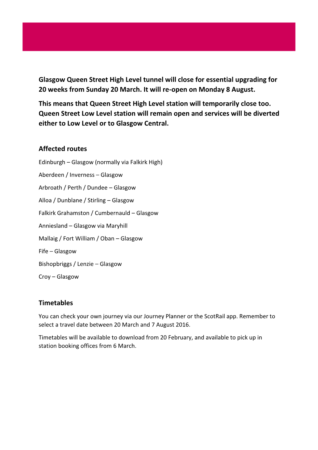 Glasgow Queen Street High Level Tunnel Will Close for Essential Upgrading for 20 Weeks from Sunday 20 March