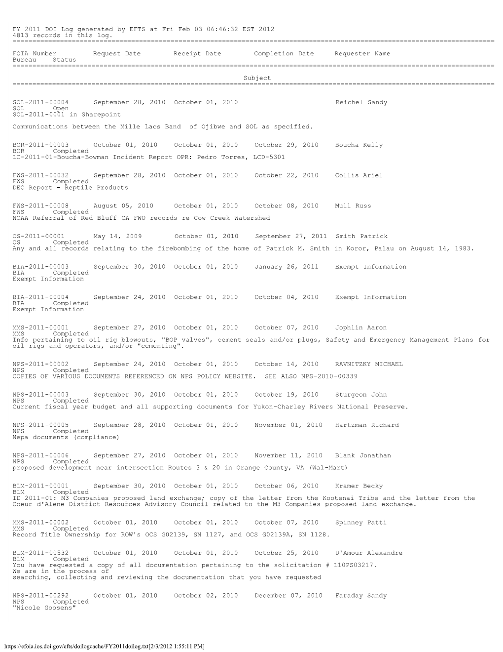 FY 2011 DOI Log Generated by EFTS at Fri Feb 03 06:46:32 EST 2012 4813 Records in This Log