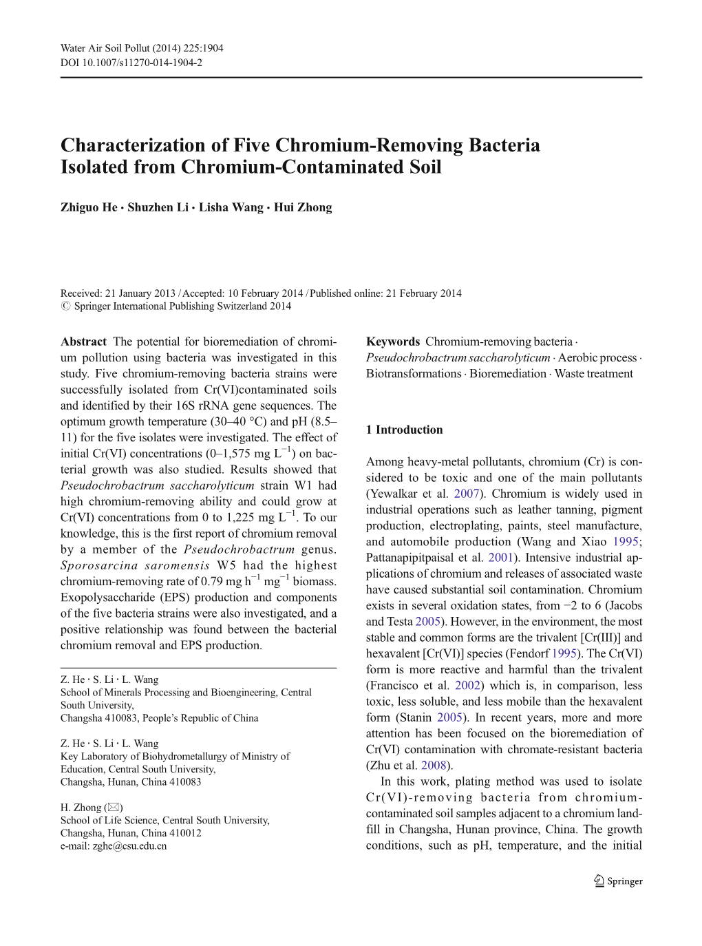 Characterization of Five Chromium-Removing Bacteria Isolated from Chromium-Contaminated Soil